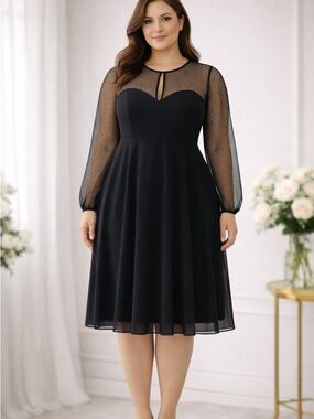 Ralph Lauren Black Midi Dress with Sheer Dot Sleeves